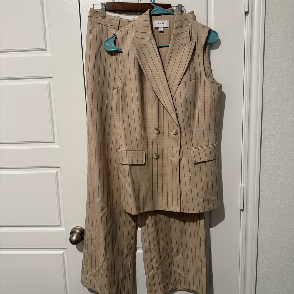 Reiss Beige Pinstripe Sleeveless Double-Breasted Blazer & Trousers